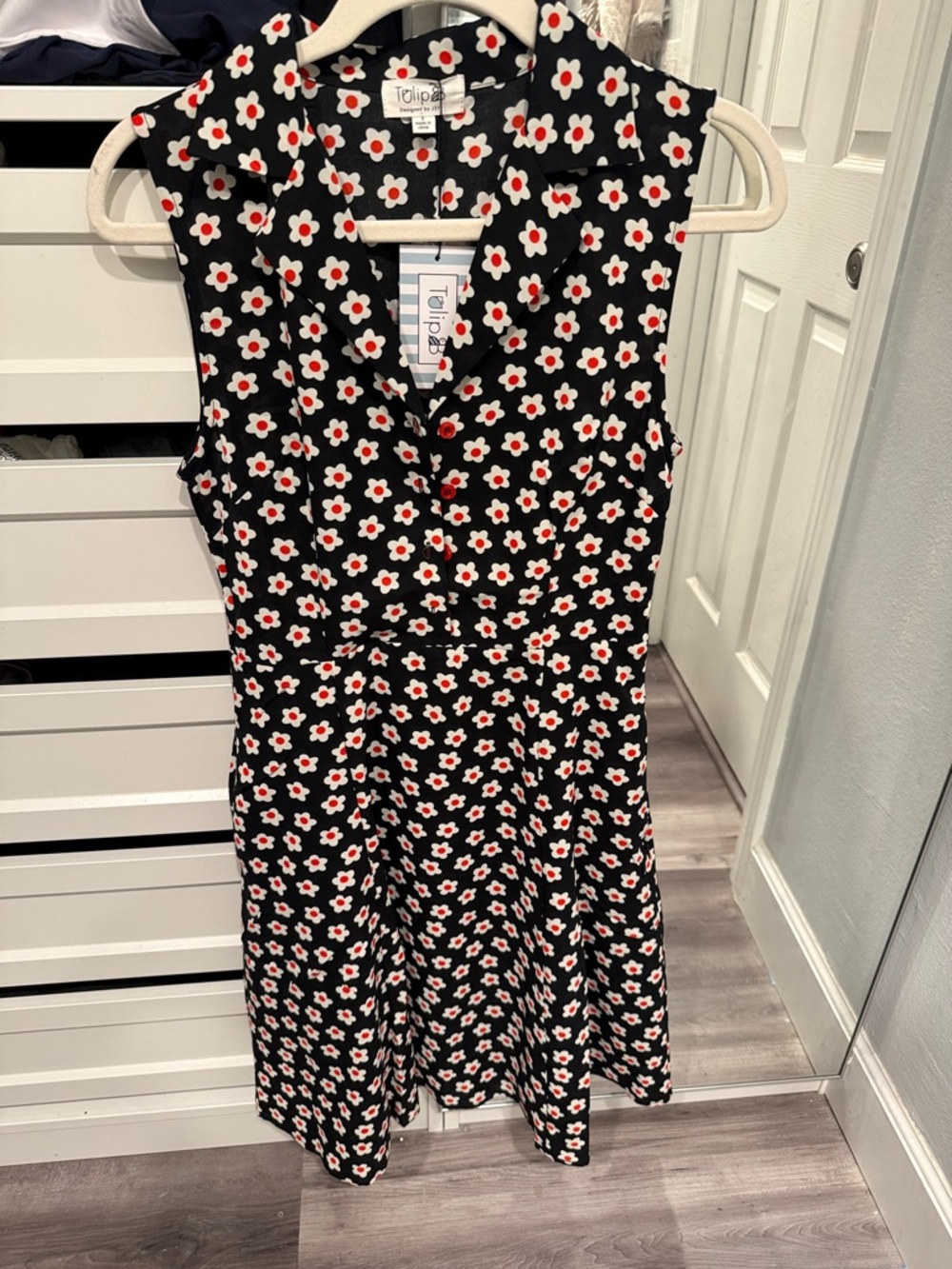 Tulip B Sleeveless Midi Dress in Black with Red & White Floral Print